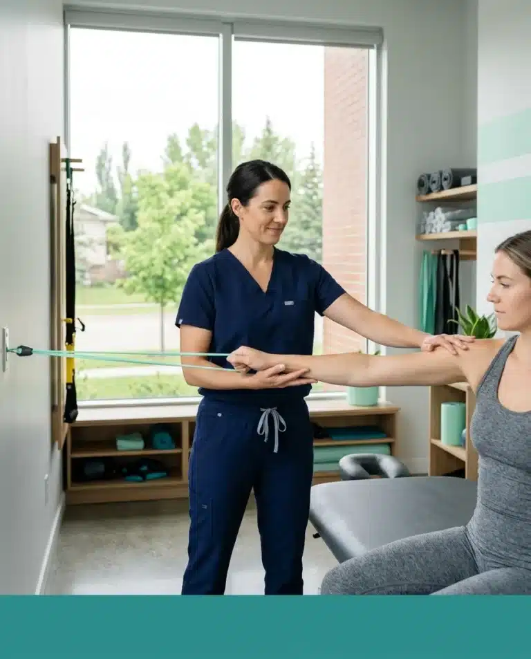 Rotator Cuff Injury Physiotherapy in Sherwood Park with therapist guiding resistance band exercise